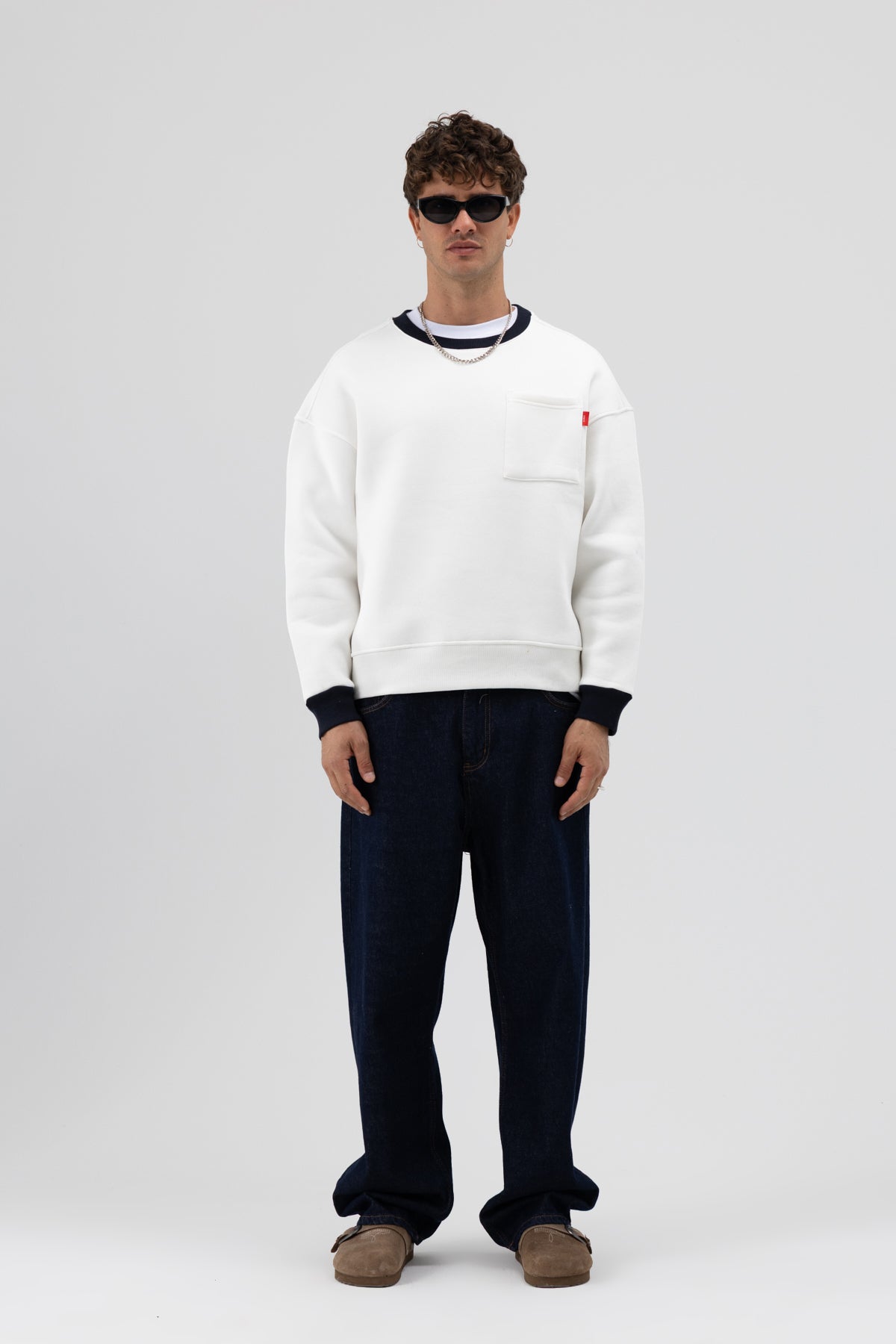 Bisiklet Yaka Cep Detaylı Oversize Sweatshirt Ekru