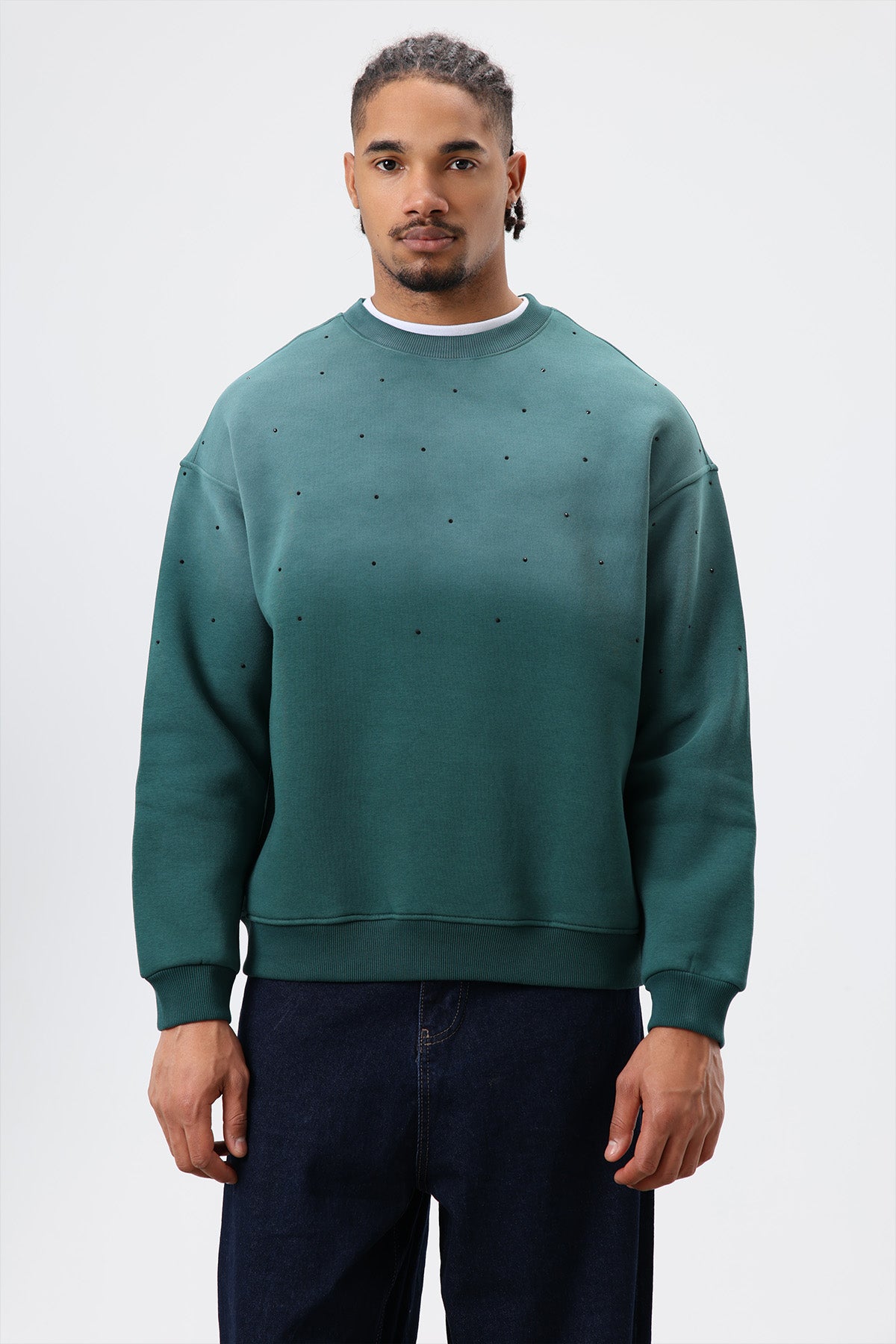 Yıkamalı Taş Detaylı Oversize Sweatshirt Nefti