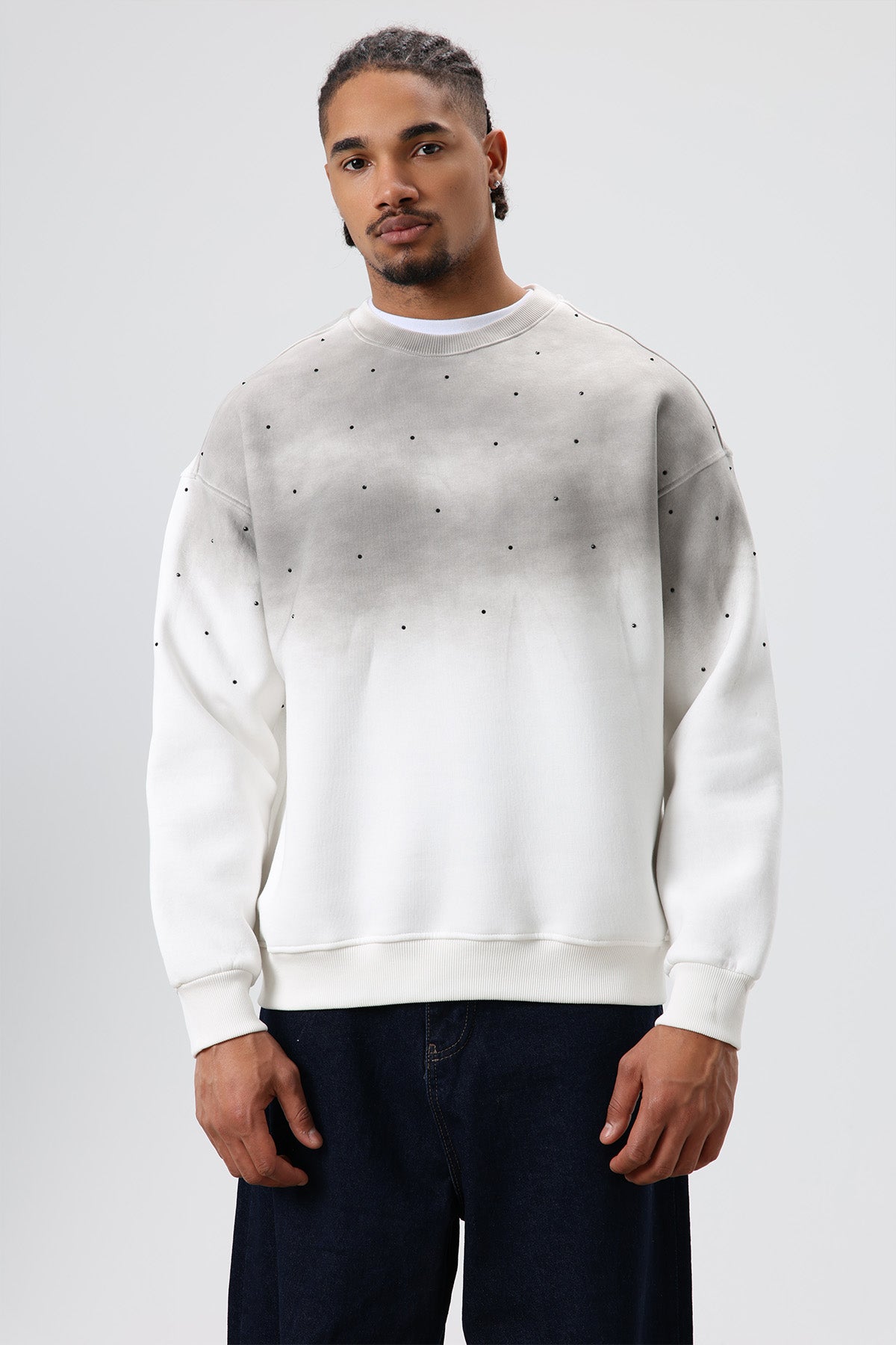 Yıkamalı Taş Detaylı Oversize Sweatshirt Ekru