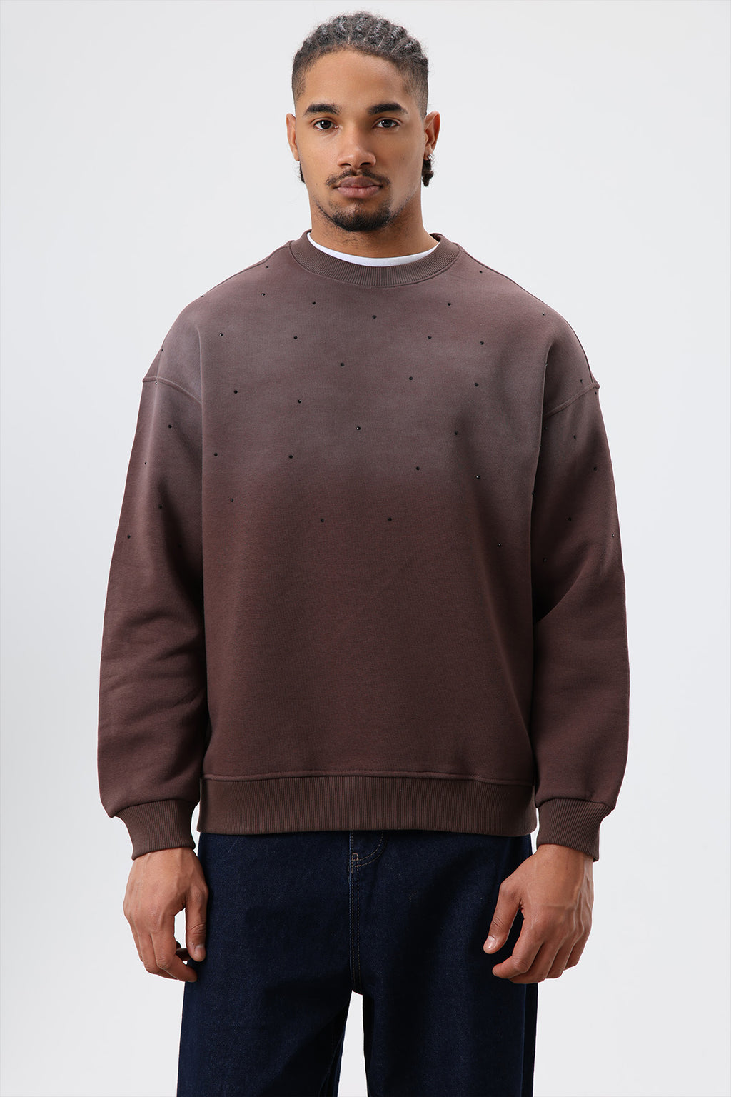 Yıkamalı Taş Detaylı Oversize Sweatshirt Kahve