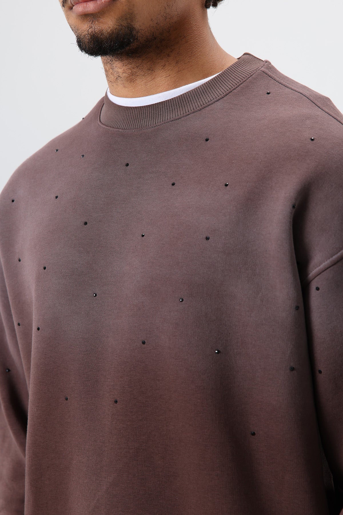 Yıkamalı Taş Detaylı Oversize Sweatshirt Kahve