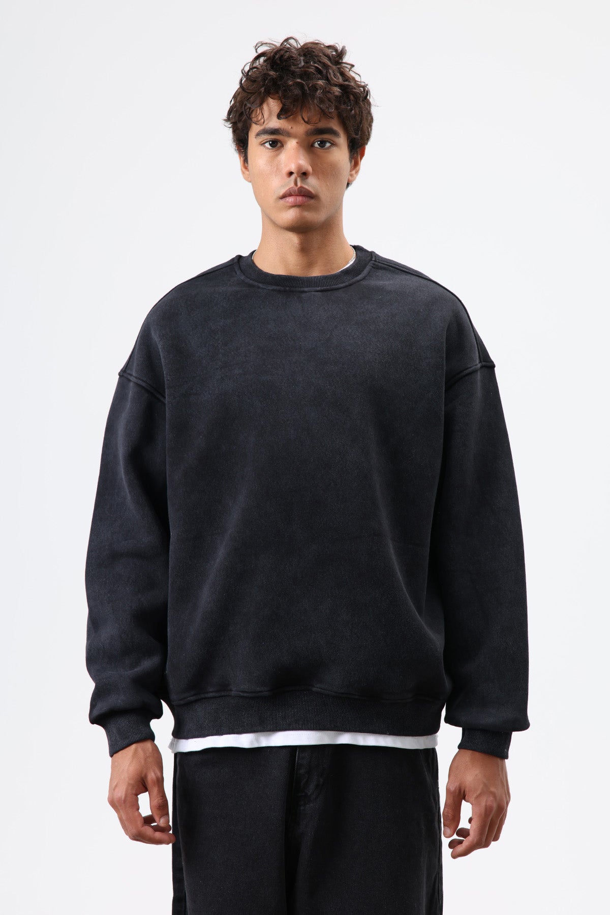 Basic Oversize Yıkamalı Sweatshirt Siyah