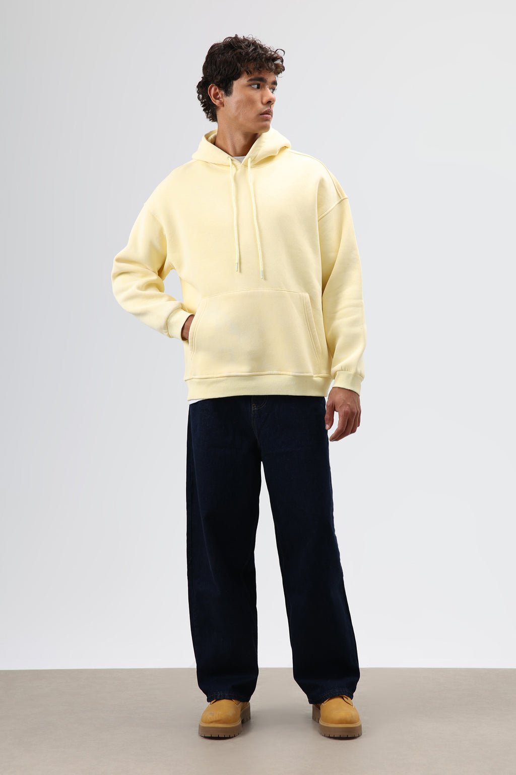 Basic Oversize Yıkamalı Hoodie Sarı