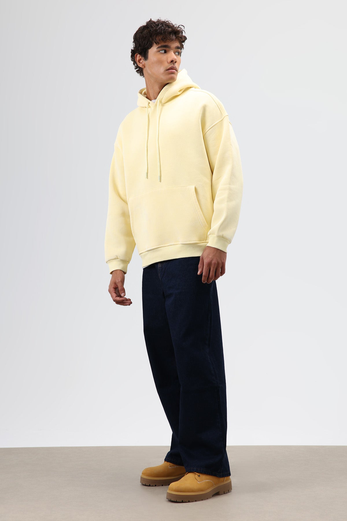 Basic Oversize Yıkamalı Hoodie Sarı