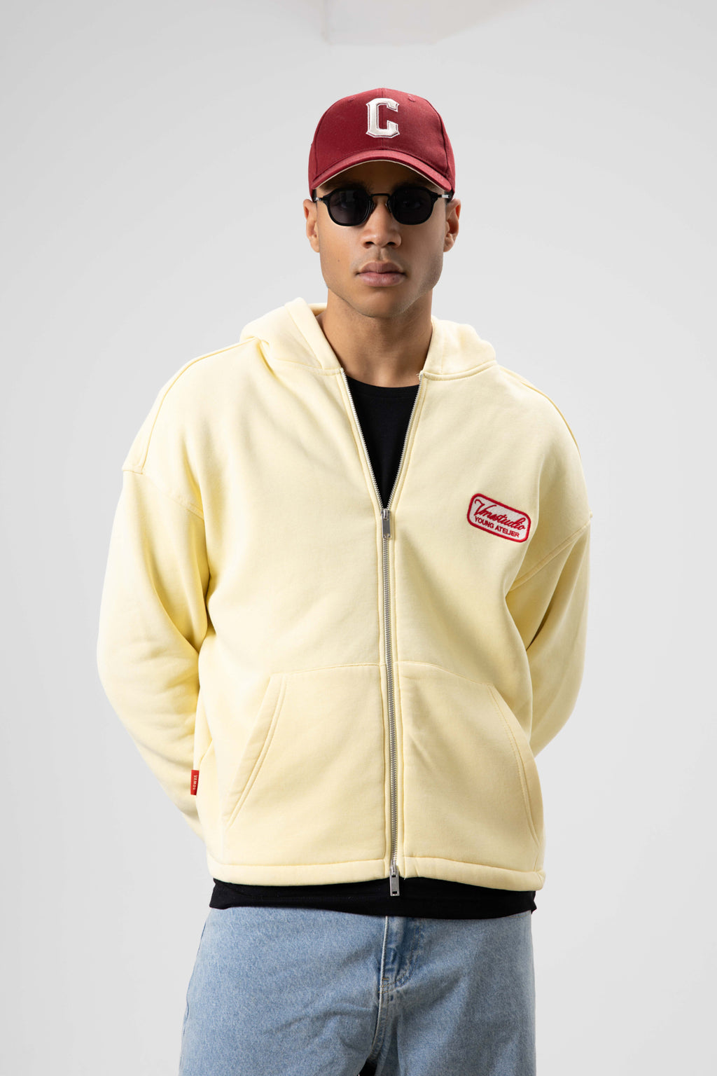 Oversize Fermuarlı Kapüşonlu Sweatshirt Sarı