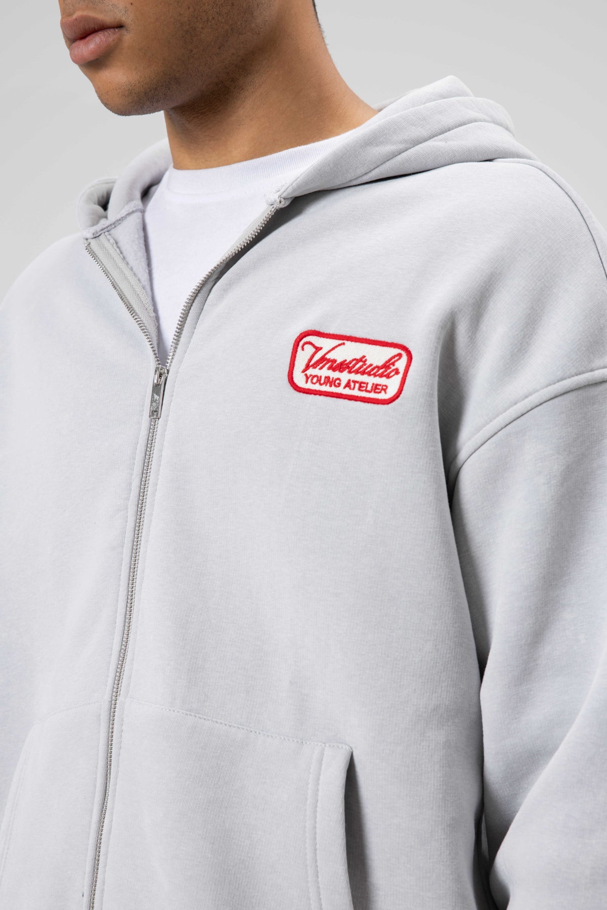 Oversize Fermuarlı Kapüşonlu Sweatshirt Açık Gri