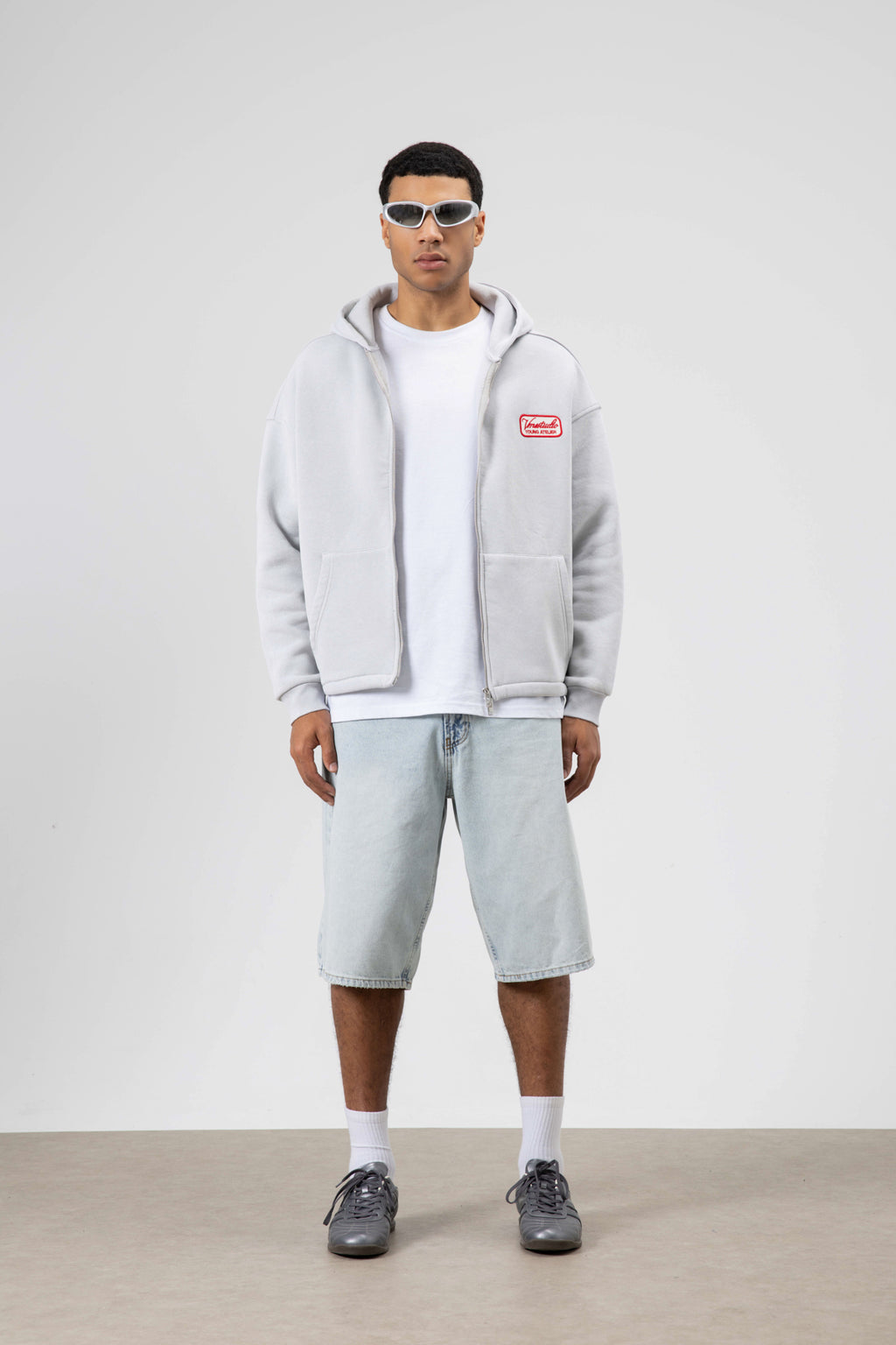 Oversize Fermuarlı Kapüşonlu Sweatshirt Açık Gri