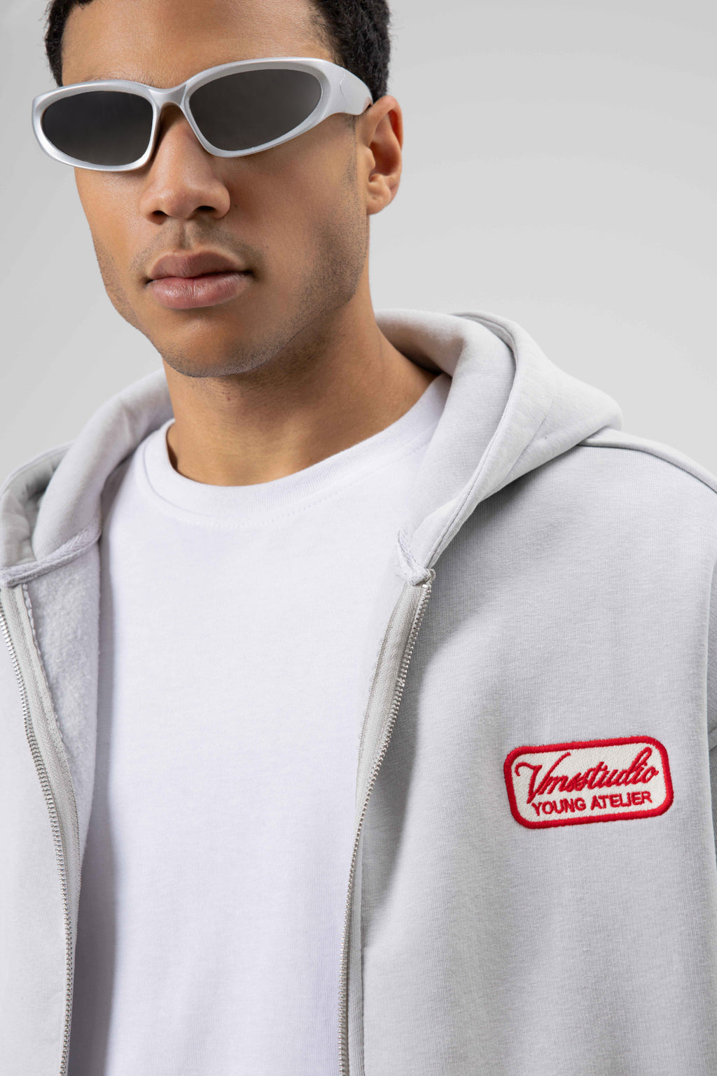 Oversize Fermuarlı Kapüşonlu Sweatshirt Açık Gri