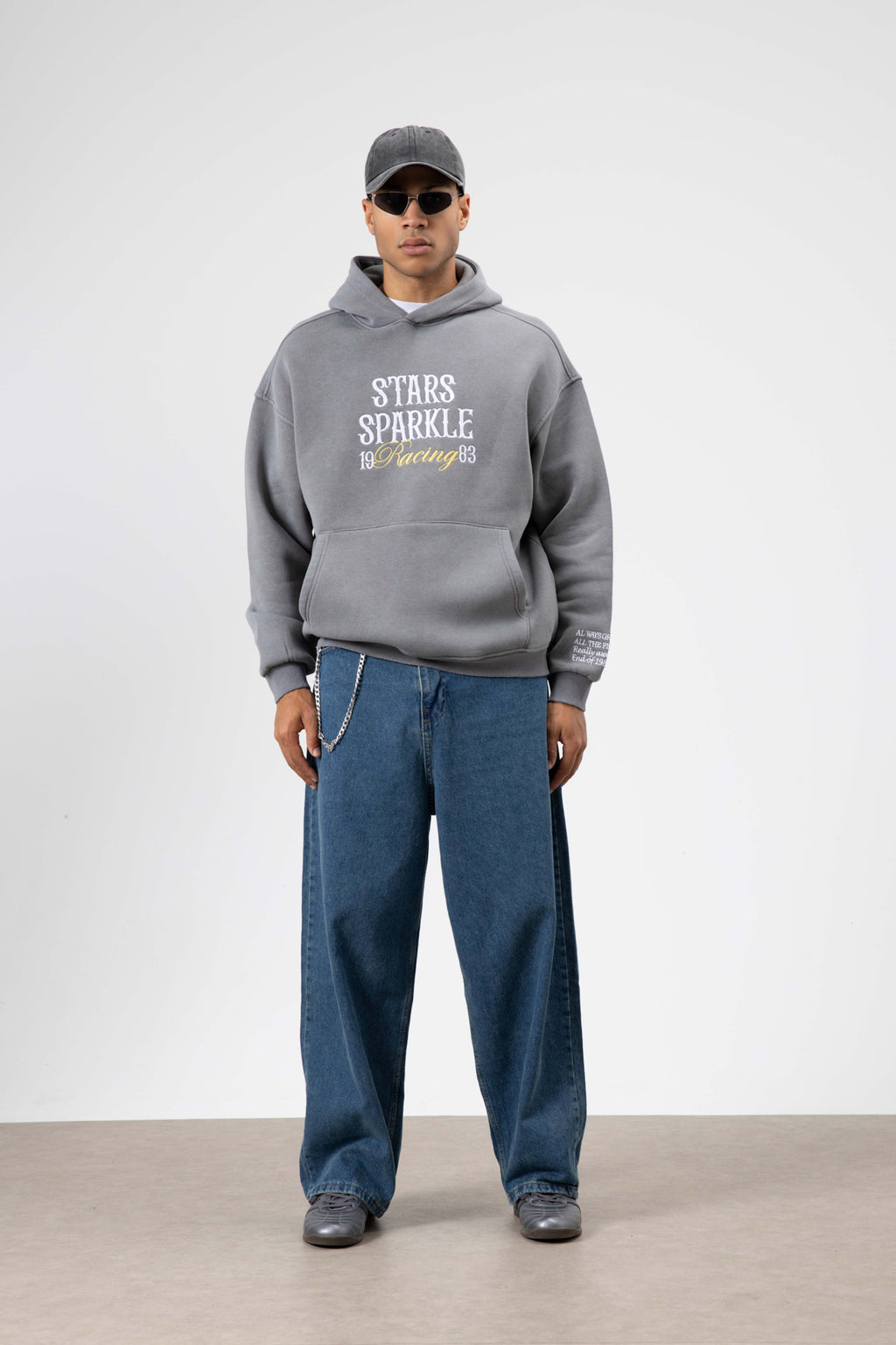 Oversize Nakış BaskılıKapüşonlu Sweatshirt Füme