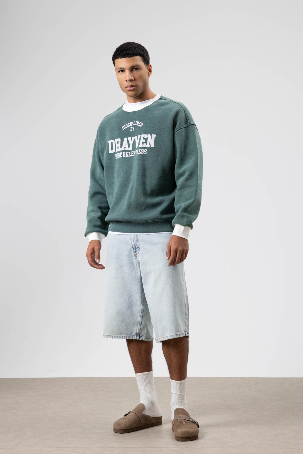 Oversize Bisiklet Yaka Baskılı Sweatshirt Nefti