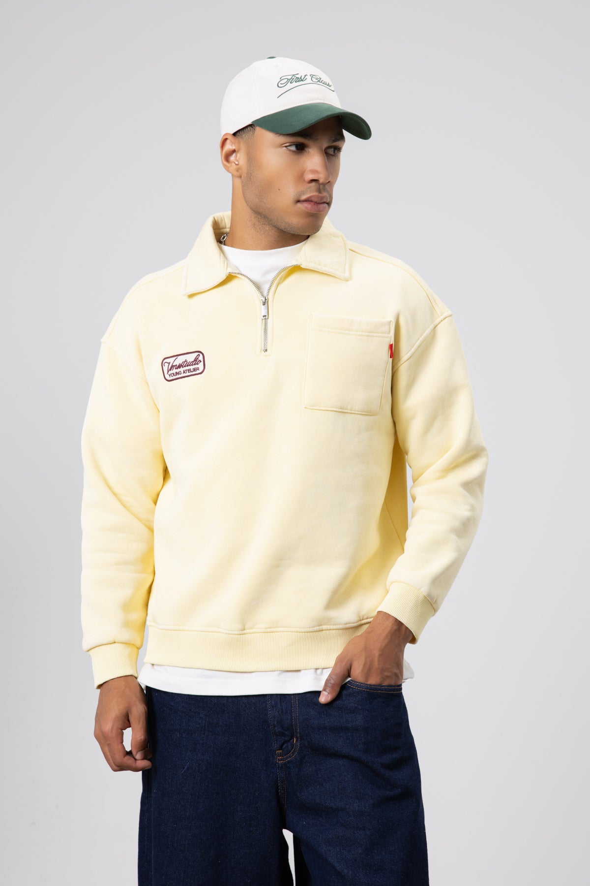Yaka Fermuarlı Oversize Baskılı Sweatshirt Sarı