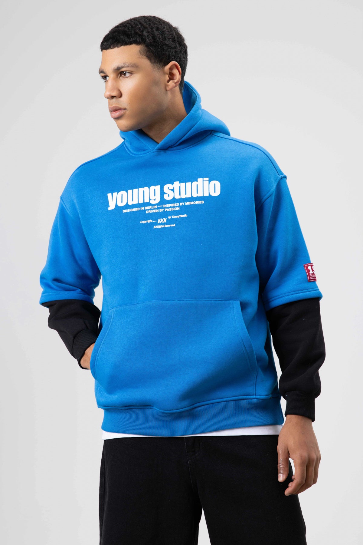Oversize Baskılı Kapüşonlu Sweatshirt Turkuaz