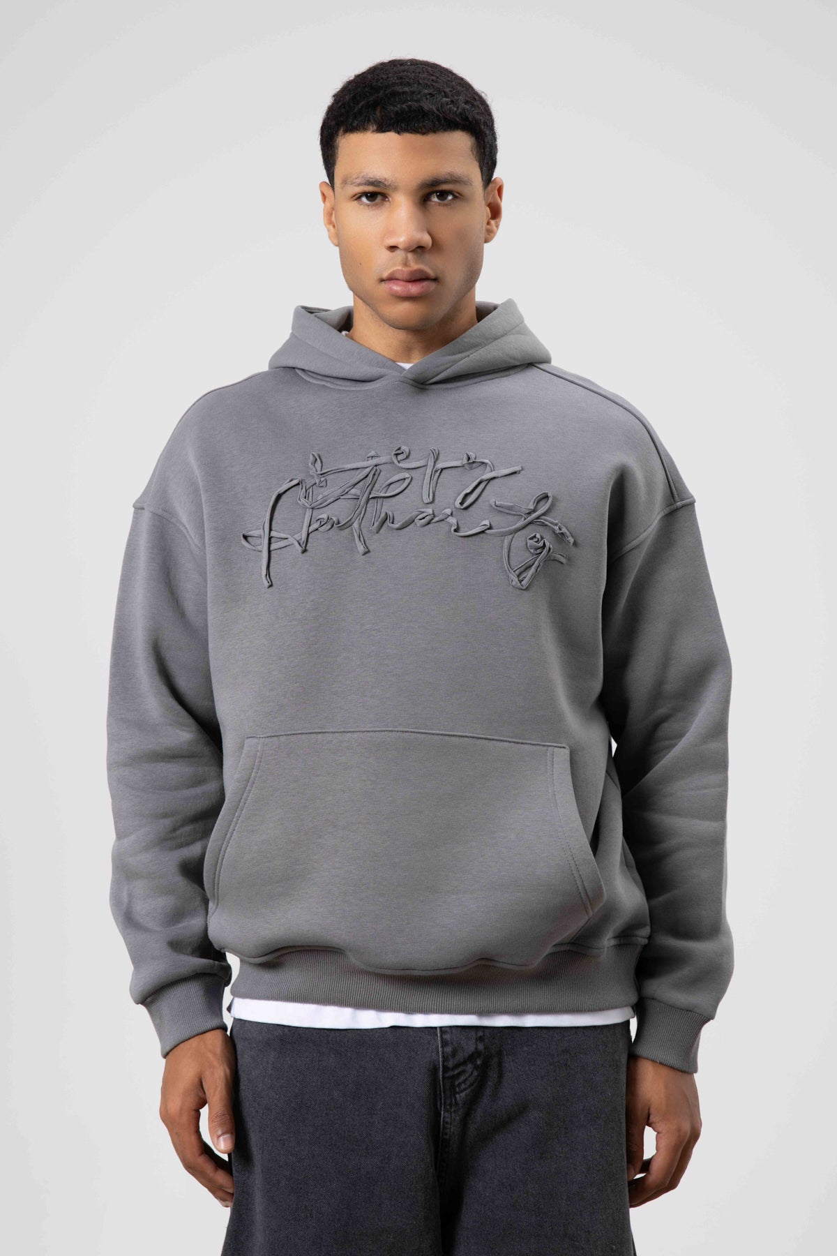 Oversize Baskılı Kapüşonlu Sweatshirt Füme