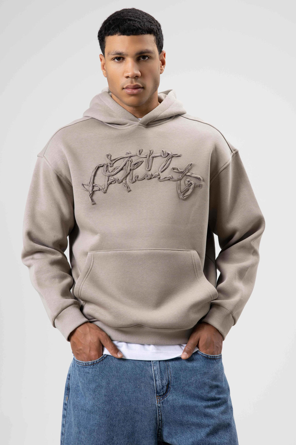 Oversize Baskılı Kapüşonlu Sweatshirt Açık Vizon