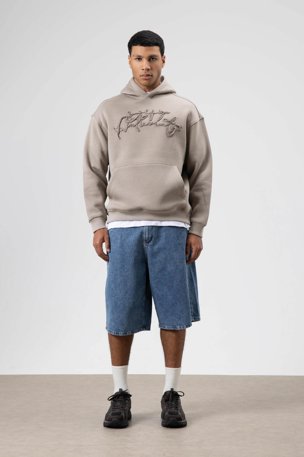 Oversize Baskılı Kapüşonlu Sweatshirt Açık Vizon