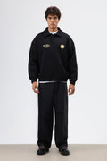 Polo Yaka Oversize Baskılı Yıkamalı Sweatshirt Siyah