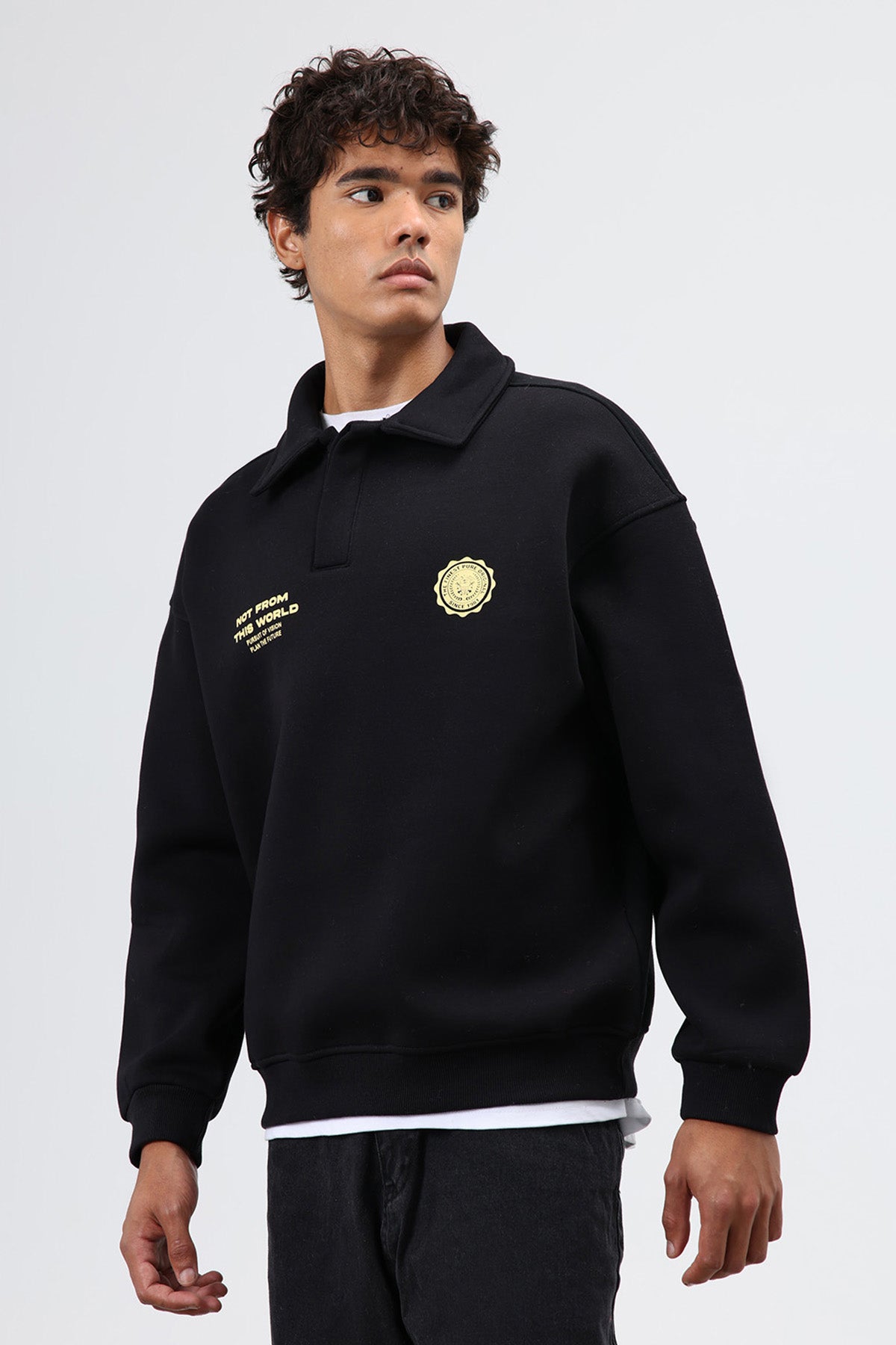 Polo Yaka Oversize Baskılı Yıkamalı Sweatshirt Siyah