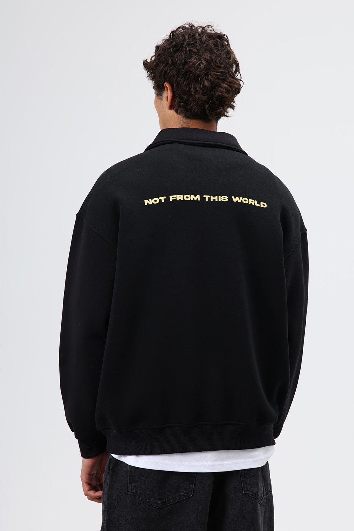Polo Yaka Oversize Baskılı Yıkamalı Sweatshirt Siyah