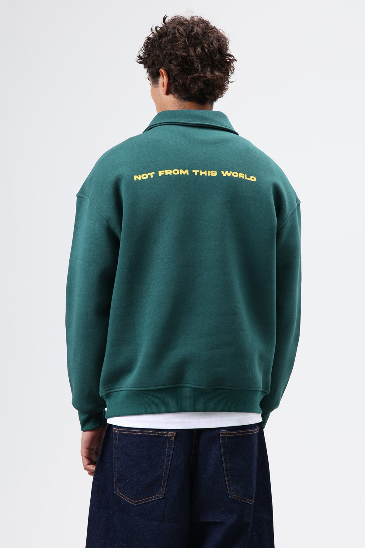 Polo Yaka Oversize Baskılı Yıkamalı Sweatshirt Nefti