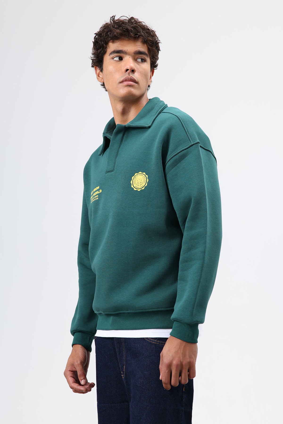 Polo Yaka Oversize Baskılı Yıkamalı Sweatshirt Nefti