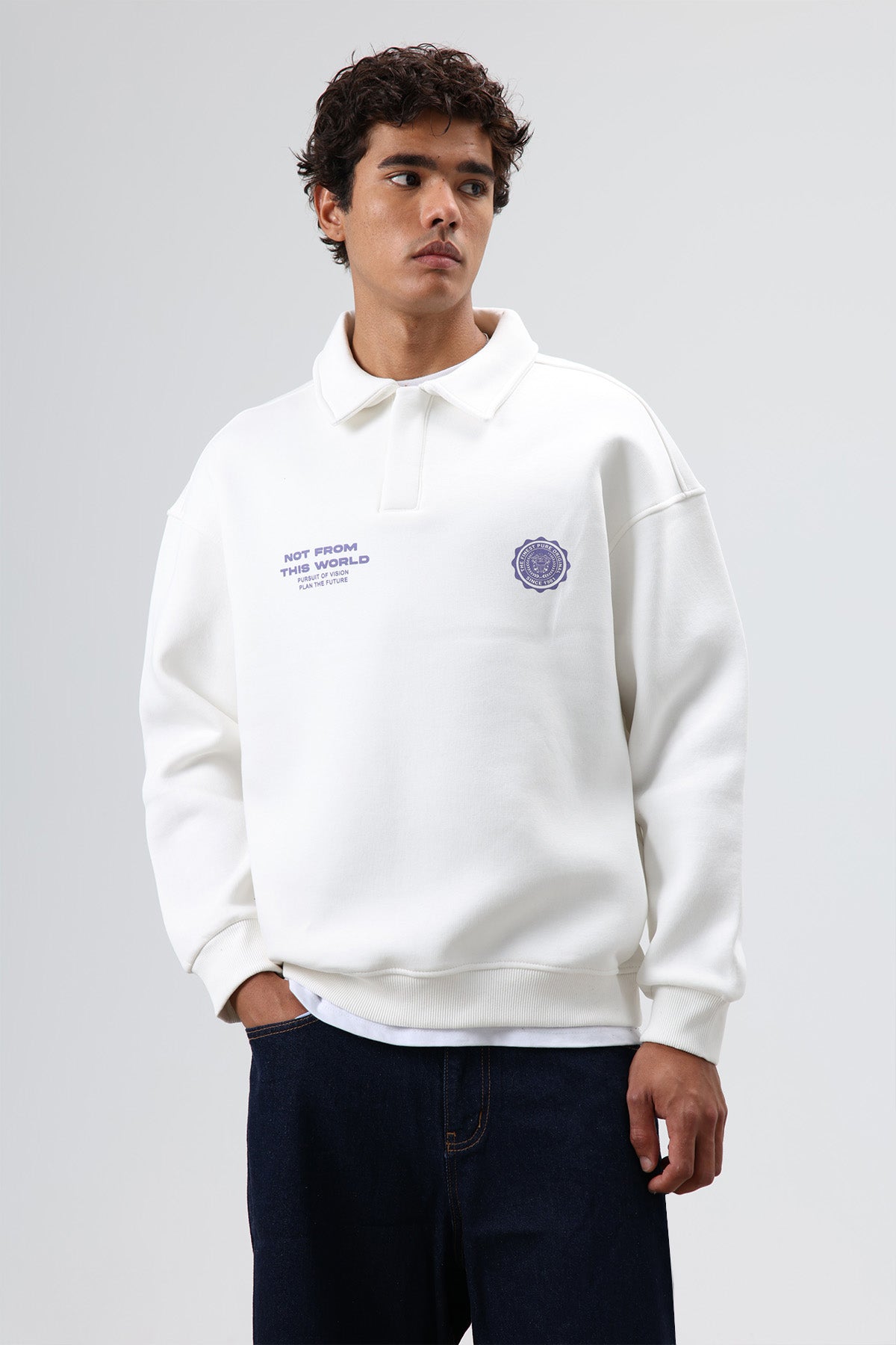 Polo Yaka Oversize Baskılı Yıkamalı Sweatshirt Ekru