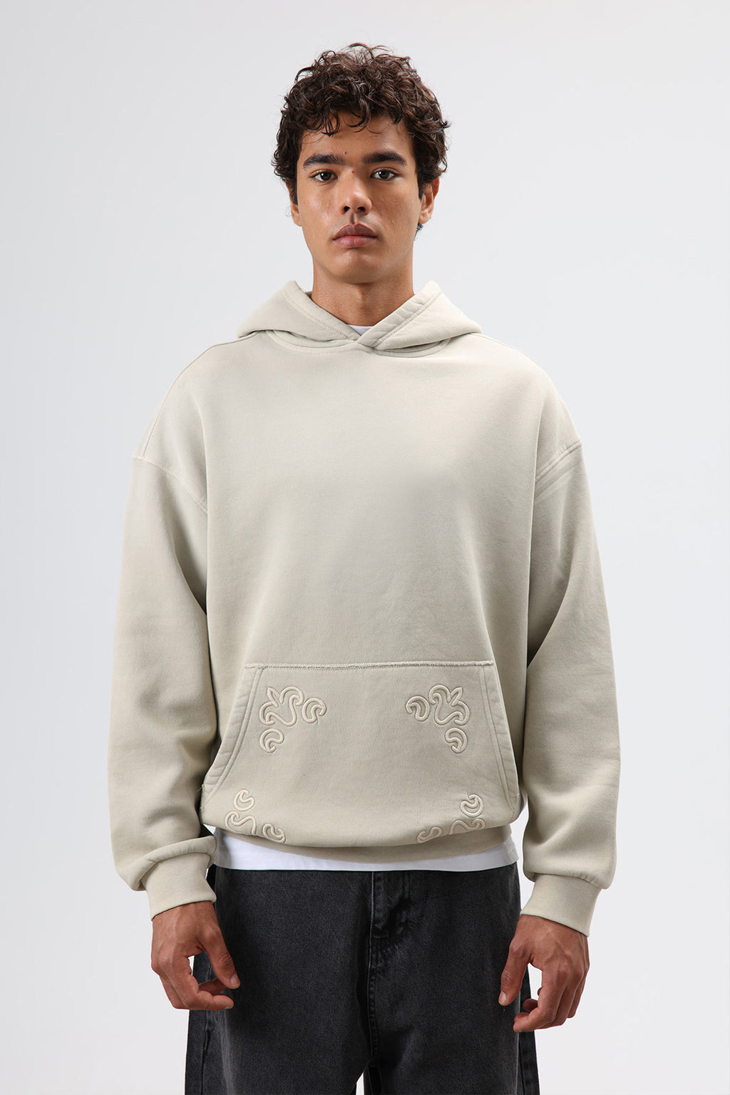 Polo Yaka Oversize Baskılı Yıkamalı Sweatshirt Ekru