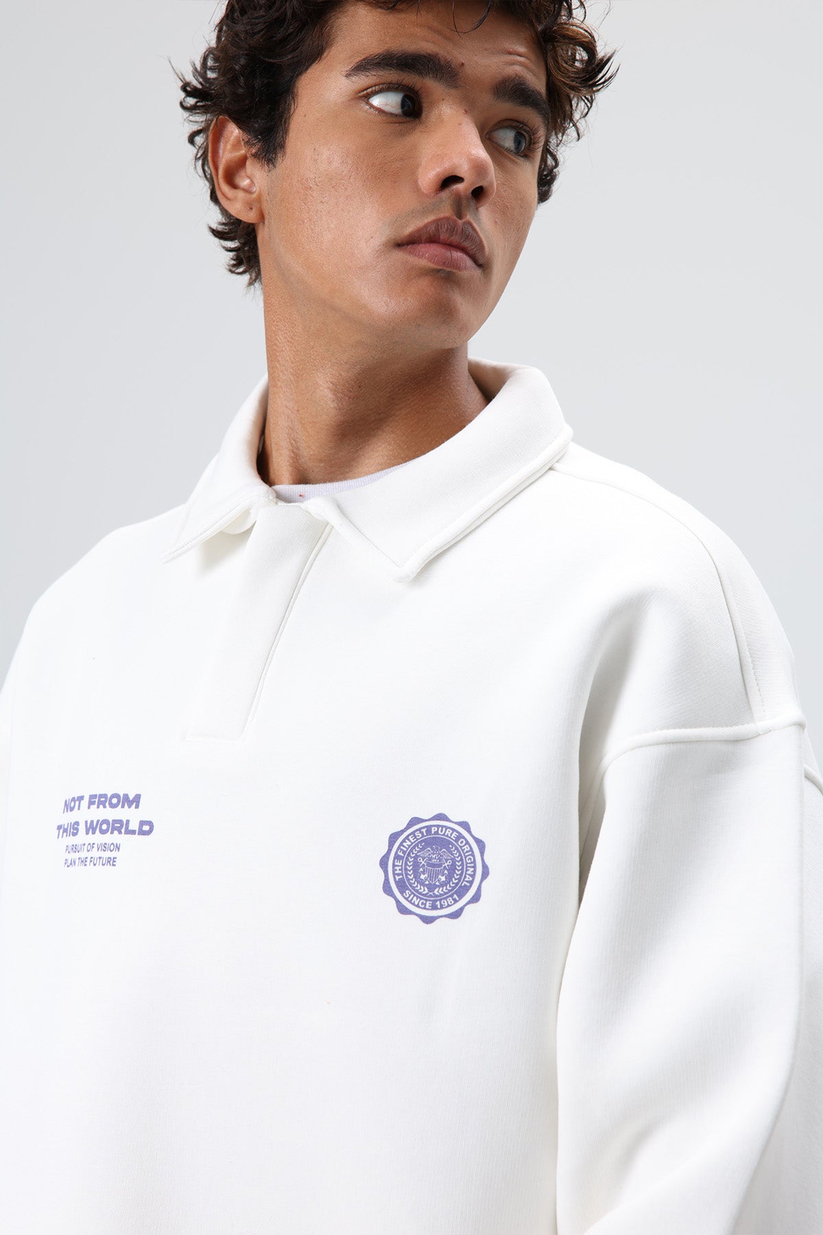 Polo Yaka Oversize Baskılı Yıkamalı Sweatshirt Ekru