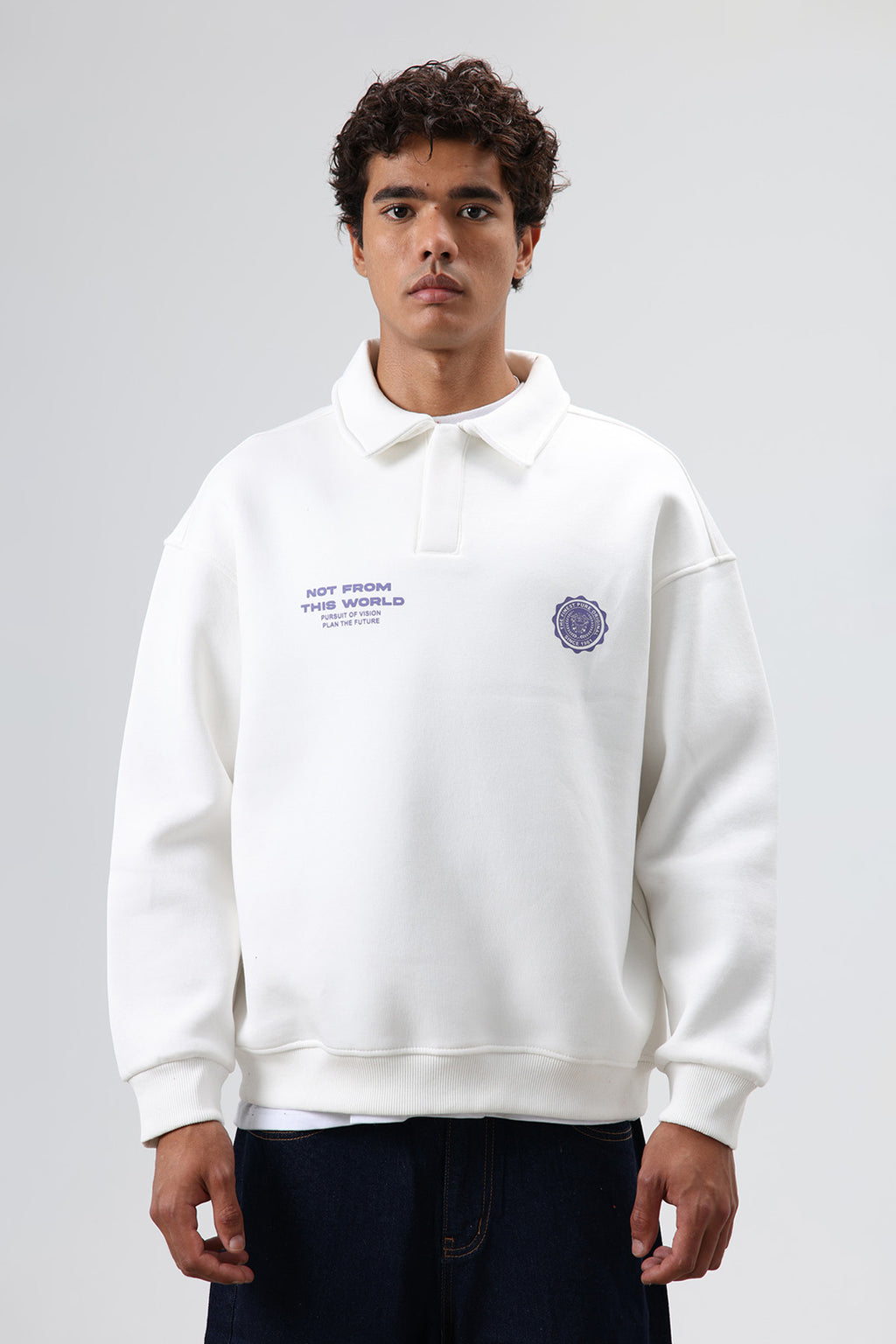 Polo Yaka Oversize Baskılı Yıkamalı Sweatshirt Ekru