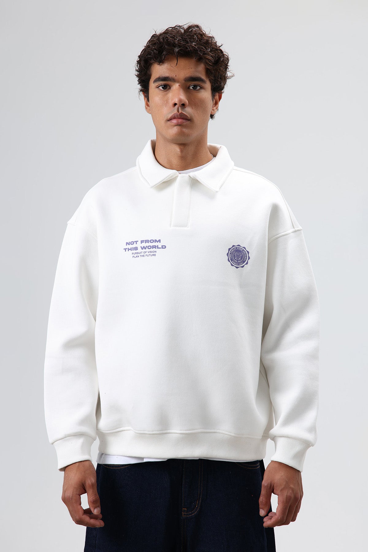 Polo Yaka Oversize Baskılı Yıkamalı Sweatshirt Ekru
