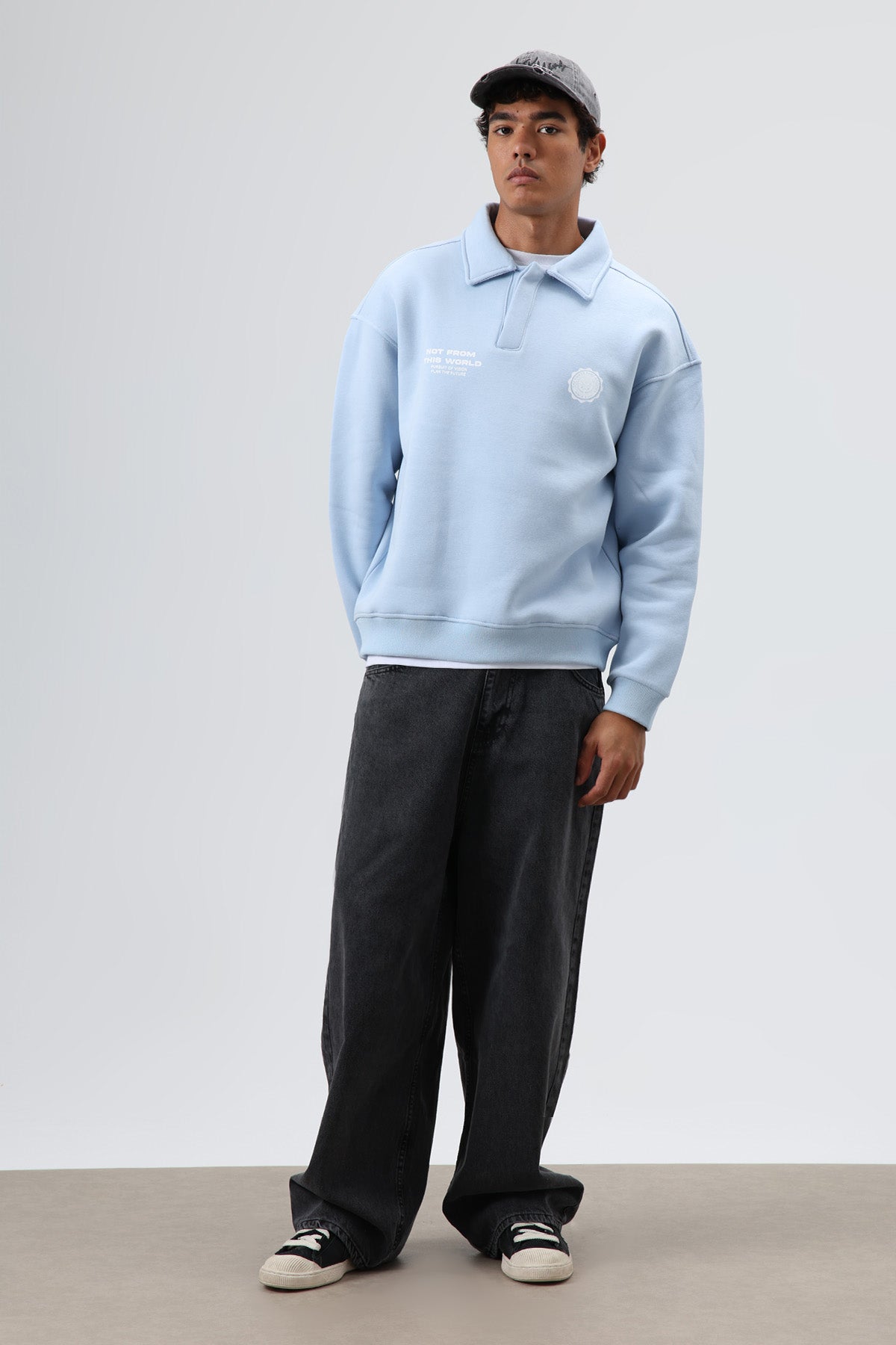 Polo Yaka Oversize Baskılı Yıkamalı Sweatshirt Bebe Mavi