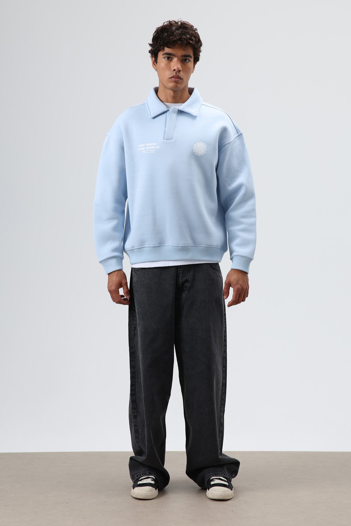 Polo Yaka Oversize Baskılı Yıkamalı Sweatshirt Bebe Mavi