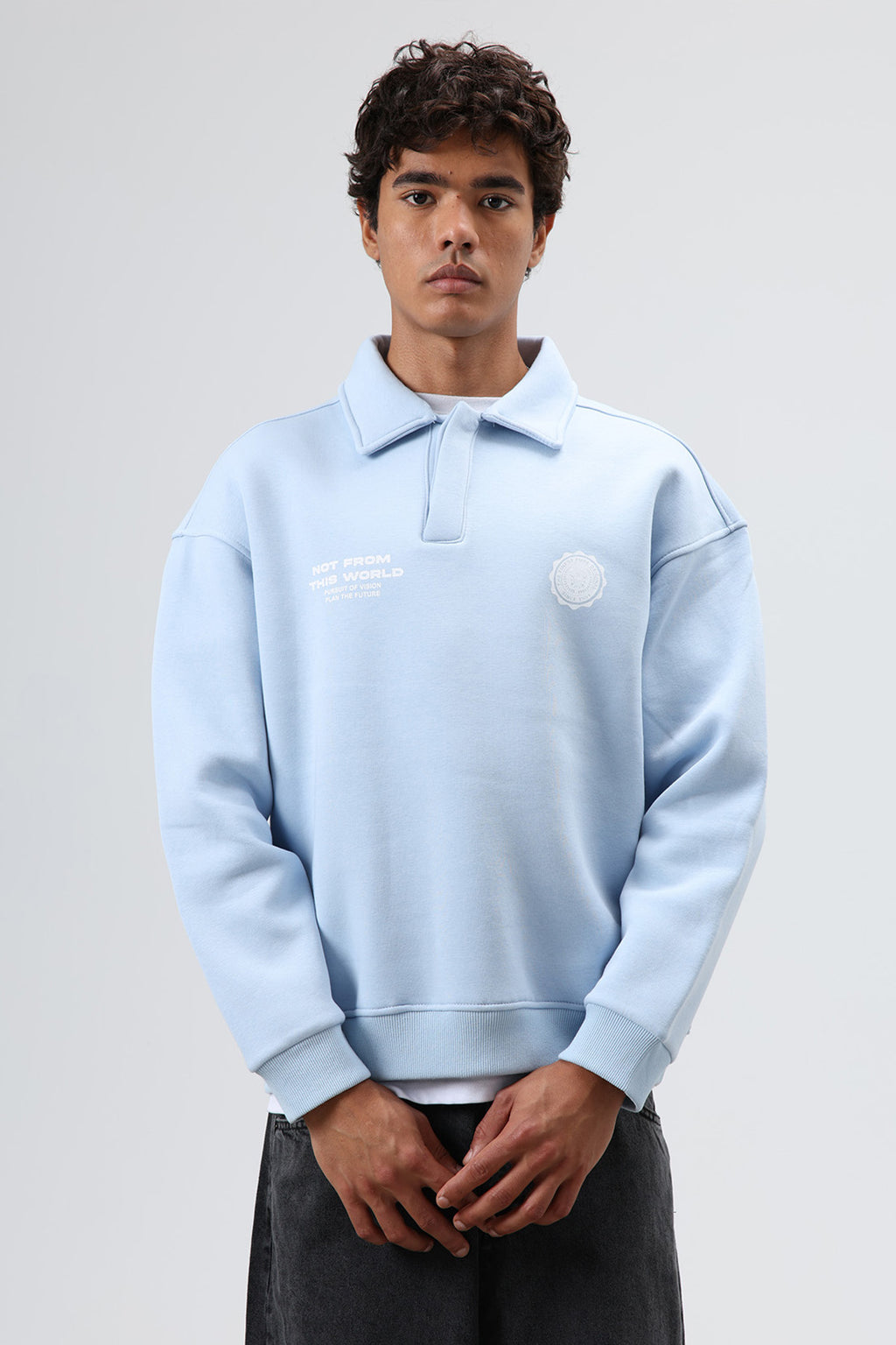Polo Yaka Oversize Baskılı Yıkamalı Sweatshirt Bebe Mavi