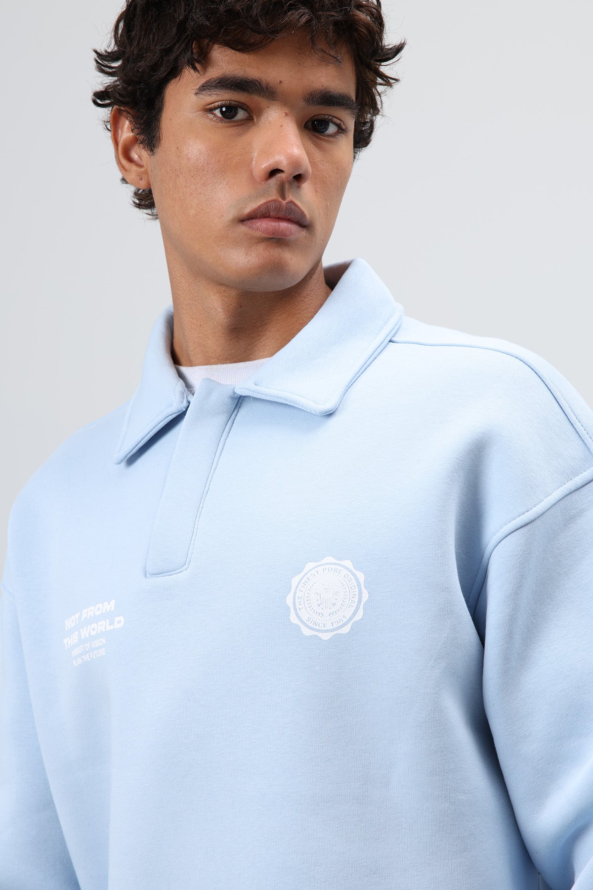 Polo Yaka Oversize Baskılı Yıkamalı Sweatshirt Bebe Mavi