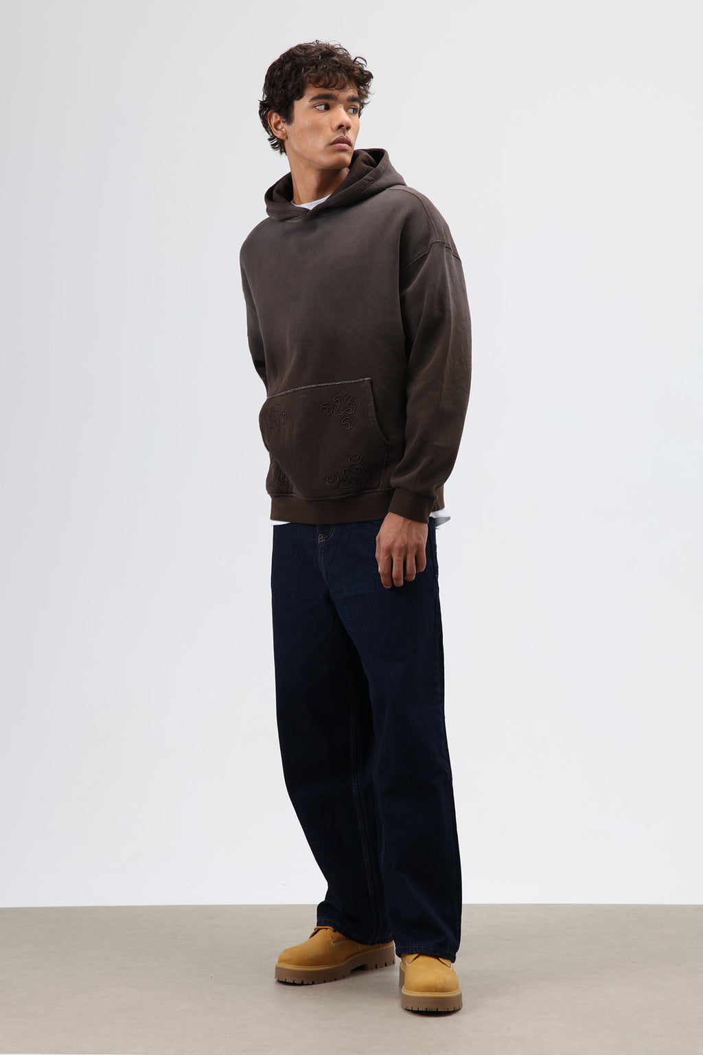 Oversize Nakış Detaylı Hoodie Kahve