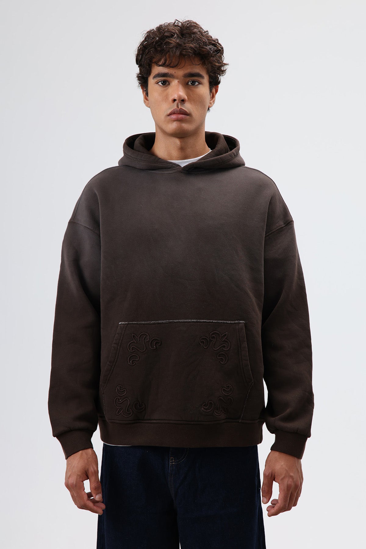Oversize Nakış Detaylı Hoodie Kahve