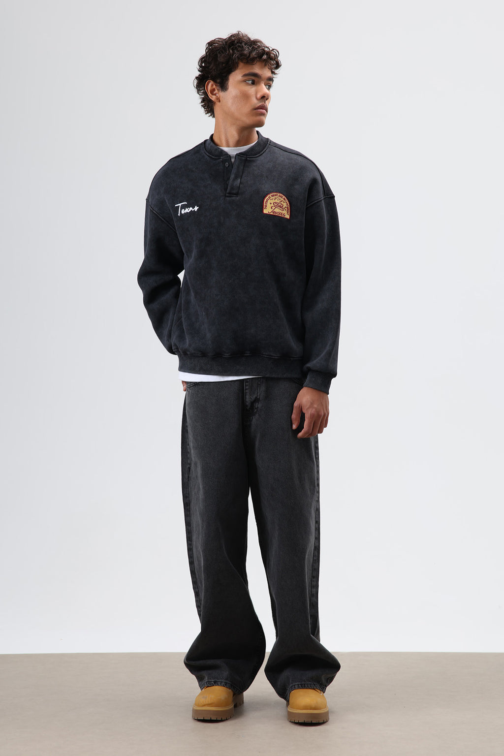 Oversize Bisiklet Yaka Baskılı Sweatshirt Siyah