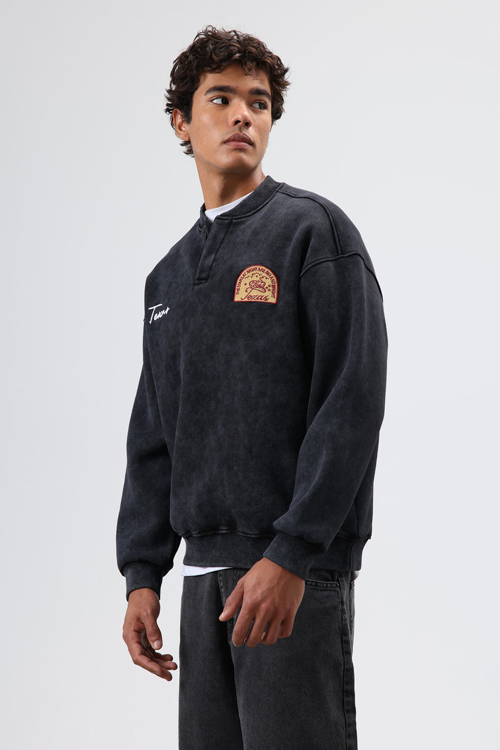 Oversize Bisiklet Yaka Baskılı Sweatshirt Siyah