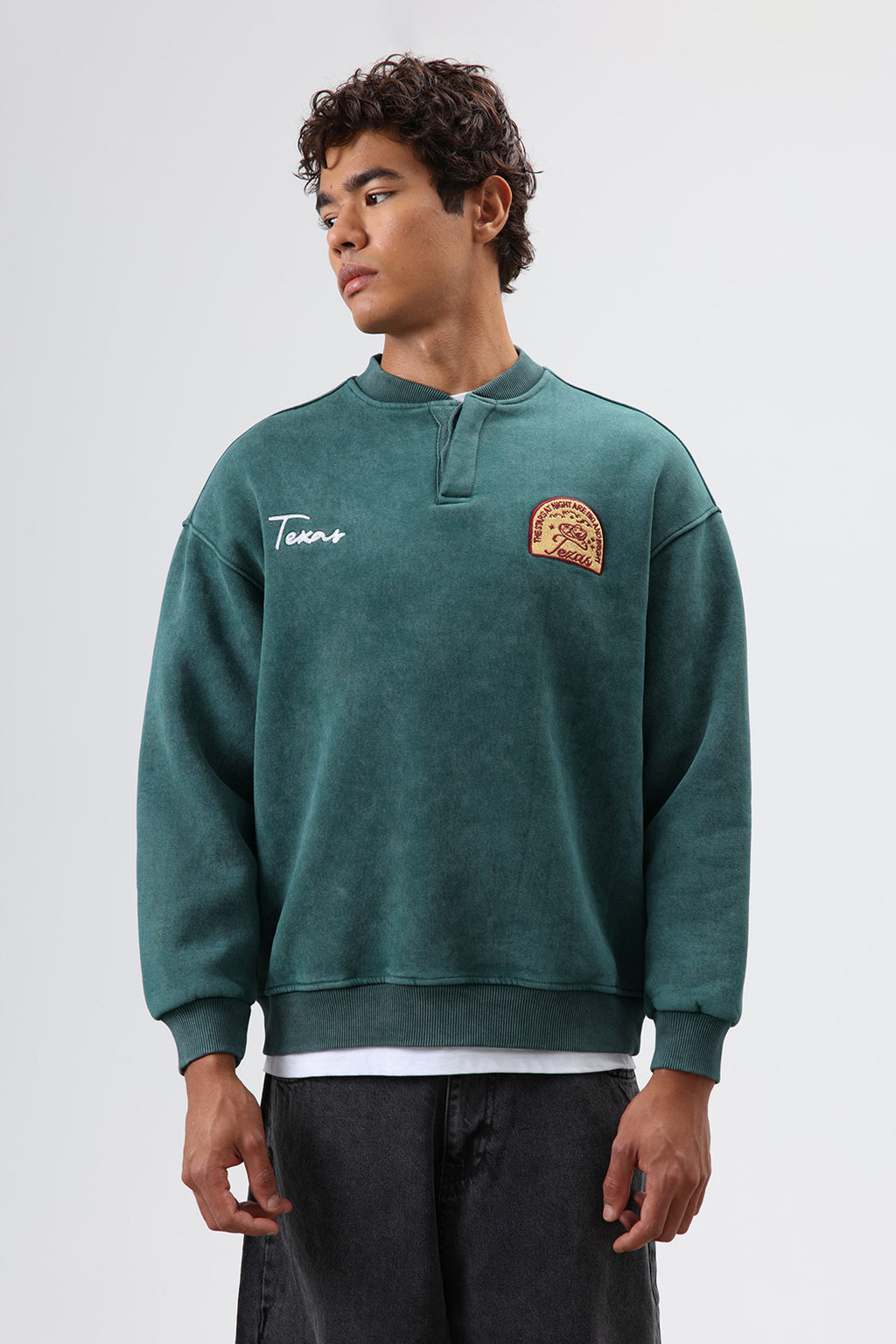 Oversize Bisiklet Yaka Baskılı Sweatshirt Nefti