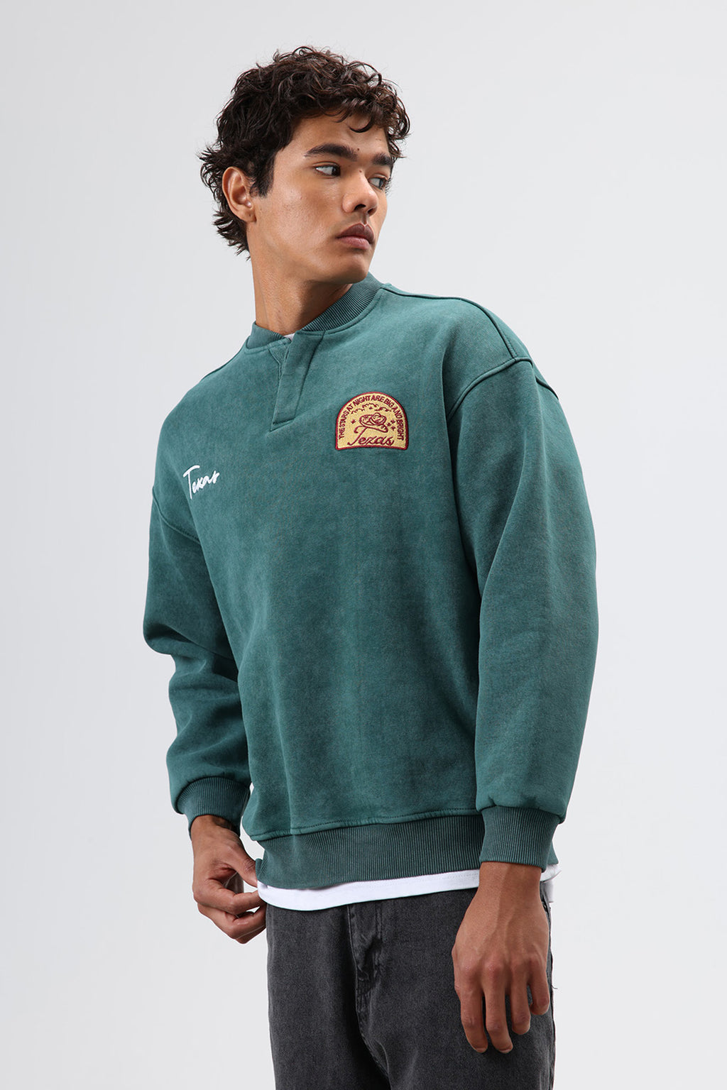 Oversize Bisiklet Yaka Baskılı Sweatshirt Nefti