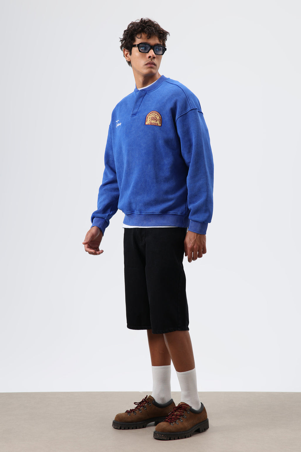 Oversize Bisiklet Yaka Baskılı Sweatshirt Saks
