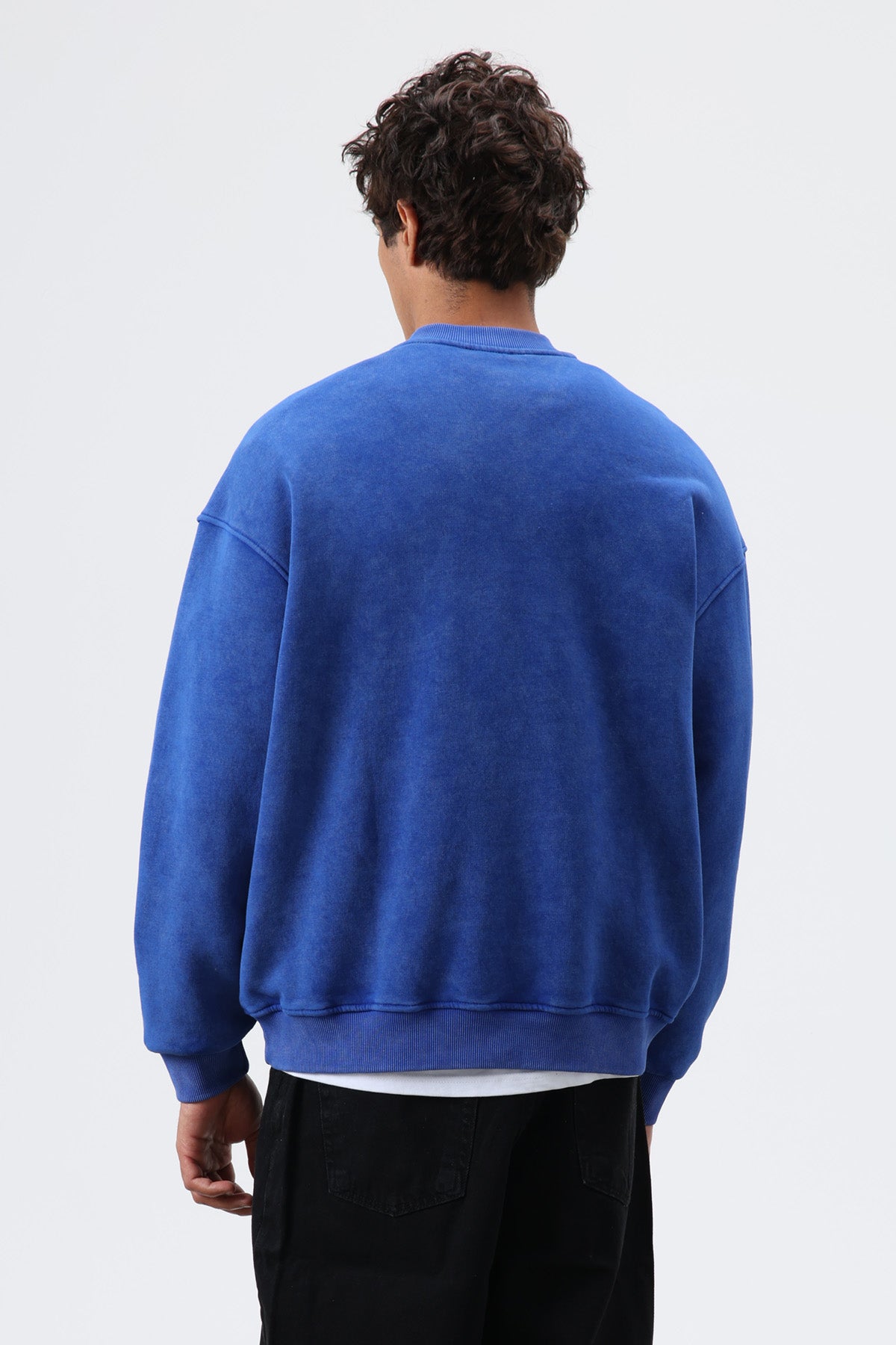 Oversize Bisiklet Yaka Baskılı Sweatshirt Saks