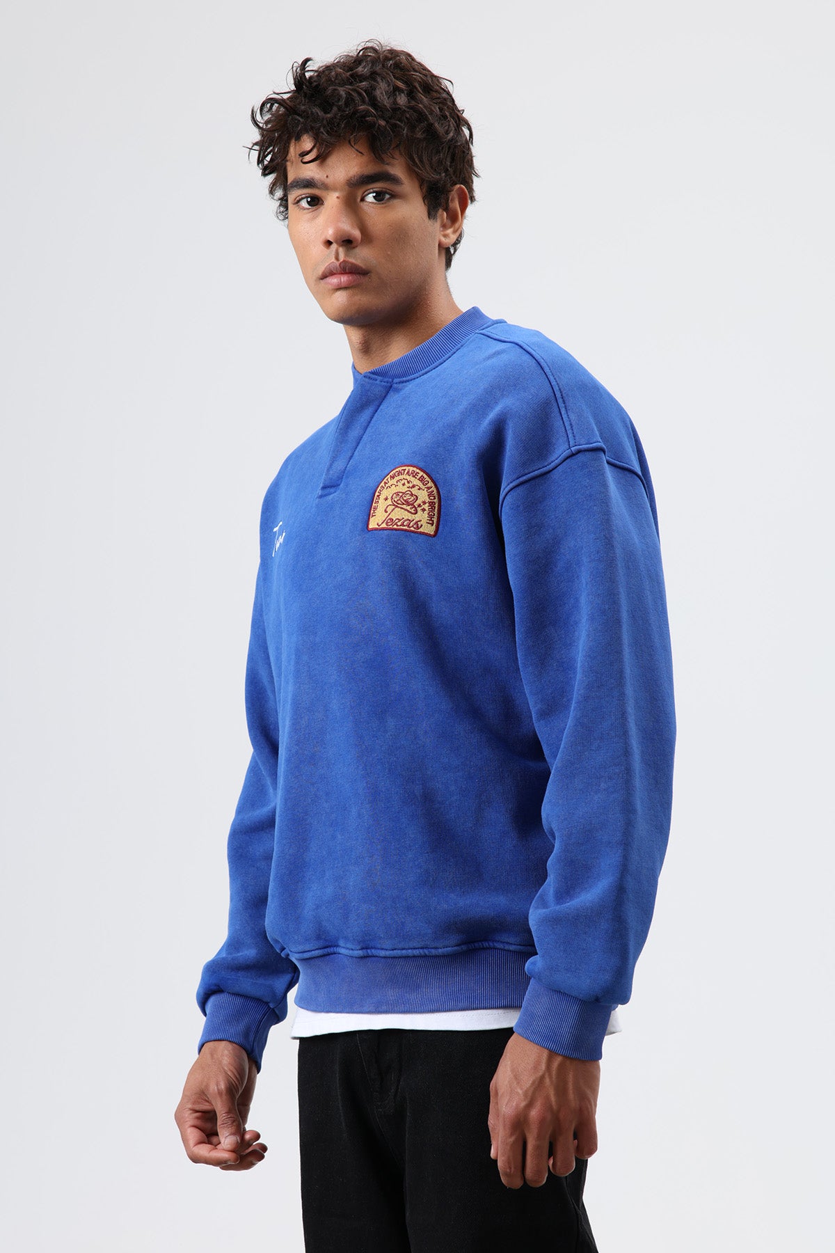 Oversize Bisiklet Yaka Baskılı Sweatshirt Saks