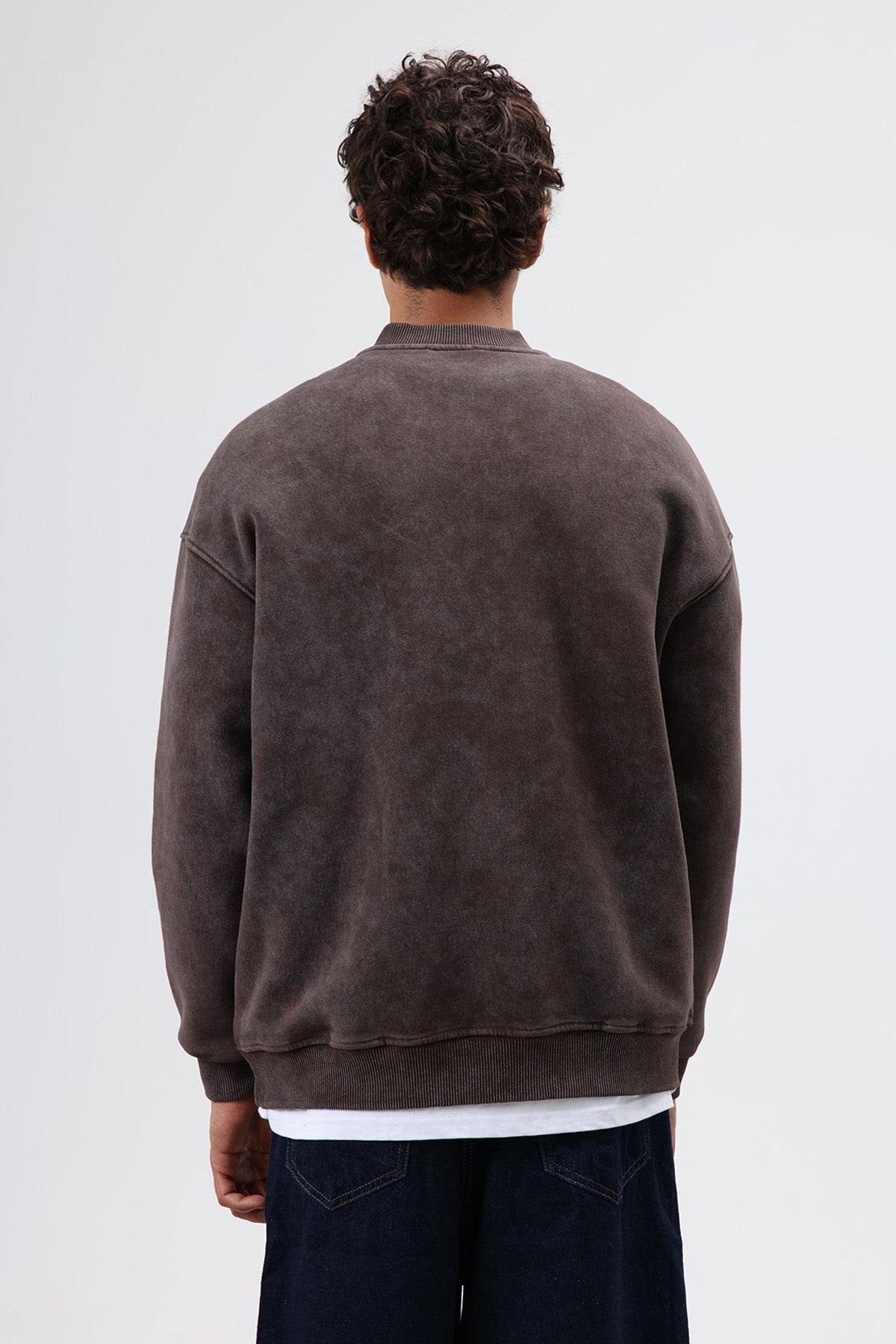 Oversize Bisiklet Yaka Baskılı Sweatshirt Kahve