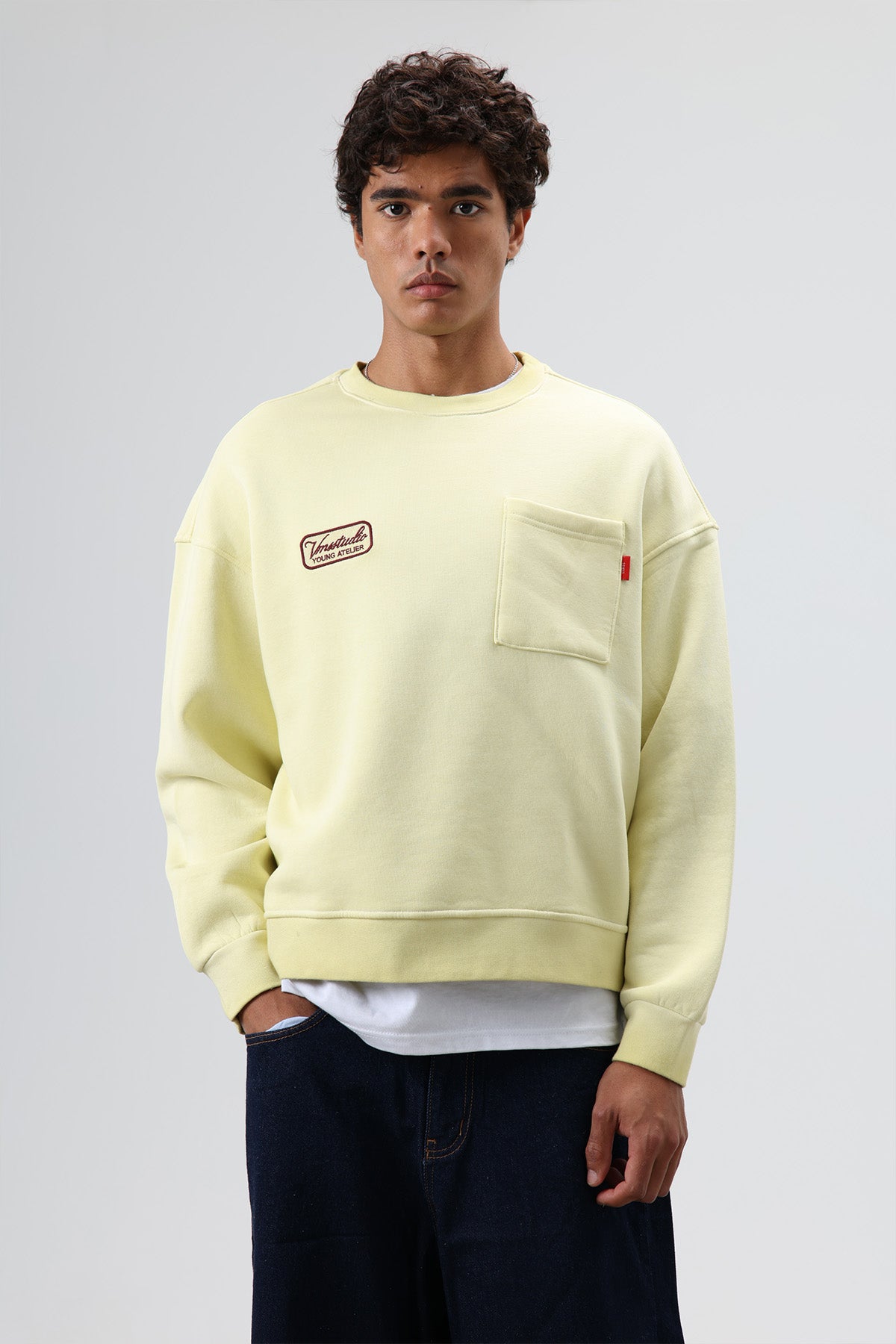 Oversize Bisiklet Yaka Cepli Sweatshirt Sarı