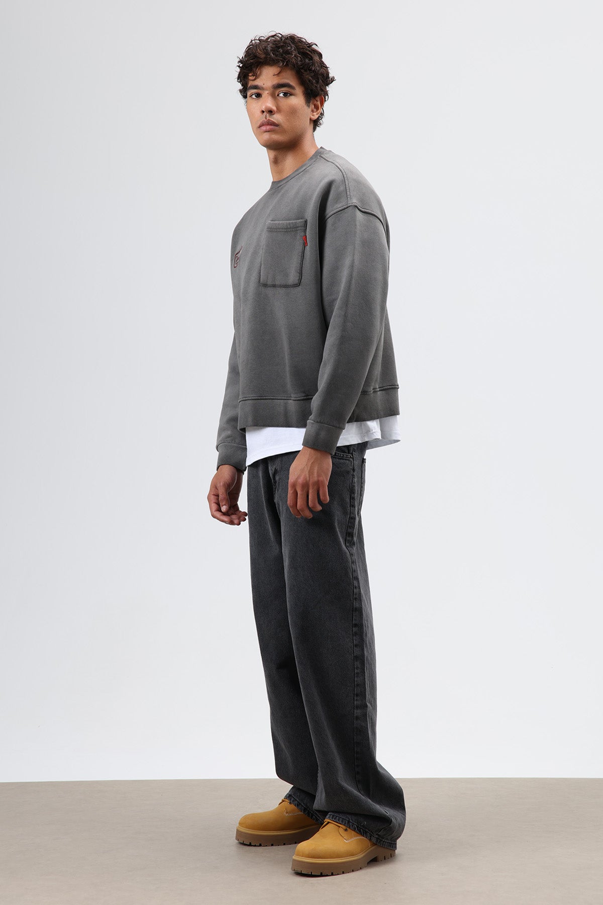 Oversize Bisiklet Yaka Cepli Sweatshirt Siyah