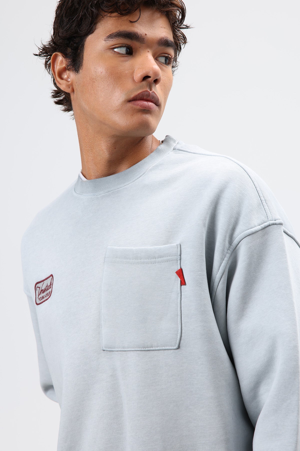 Oversize Bisiklet Yaka Cepli Sweatshirt Gri