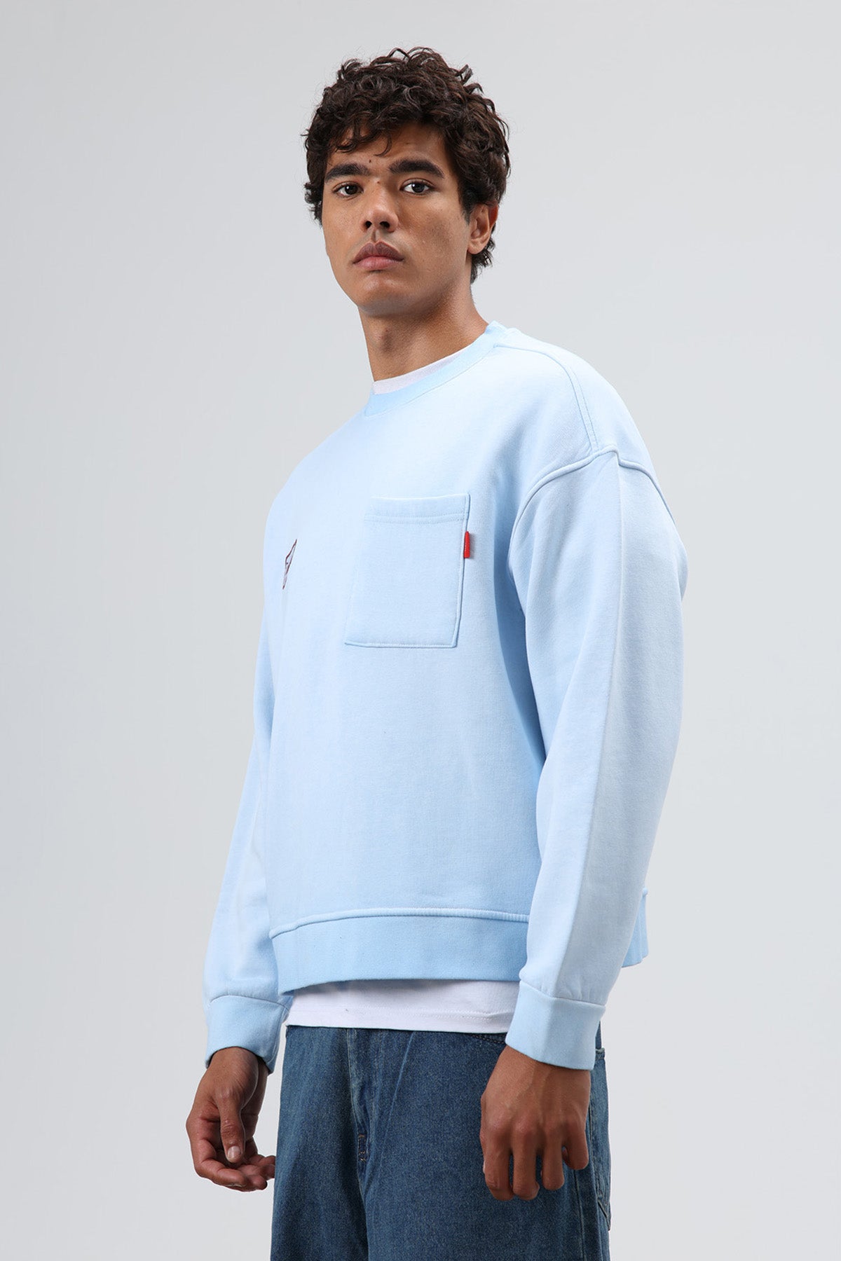 Oversize Bisiklet Yaka Cepli Sweatshirt Bebe Mavi