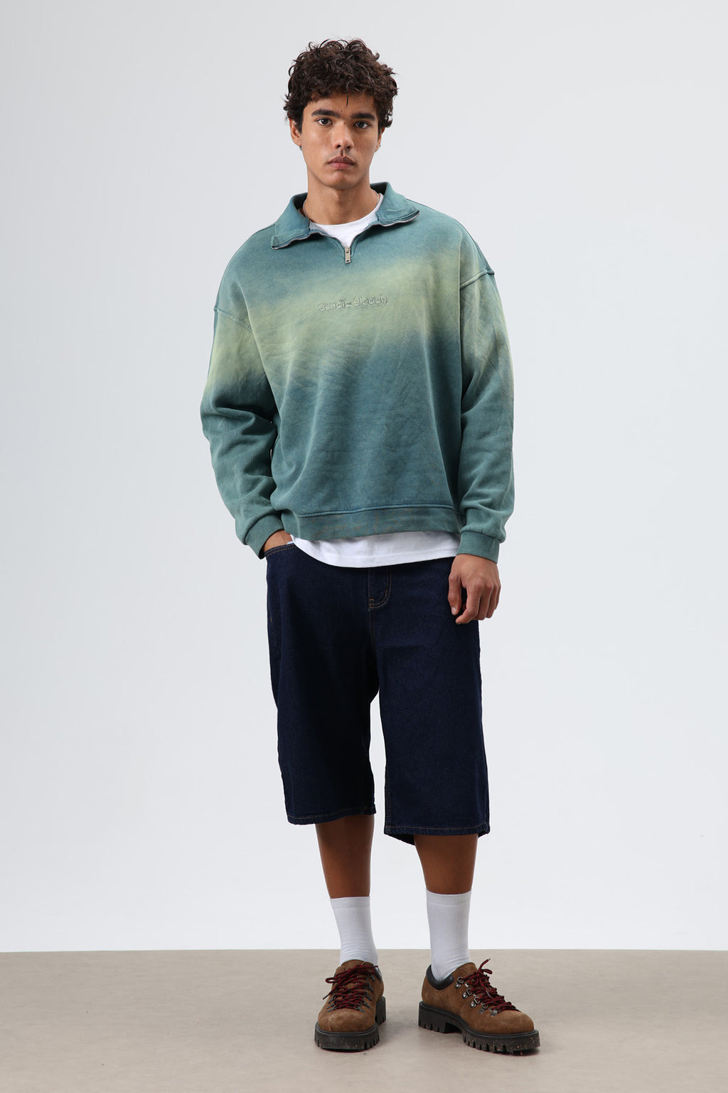 Yaka Fermuarlı Oversize Sweatshirt Nefti