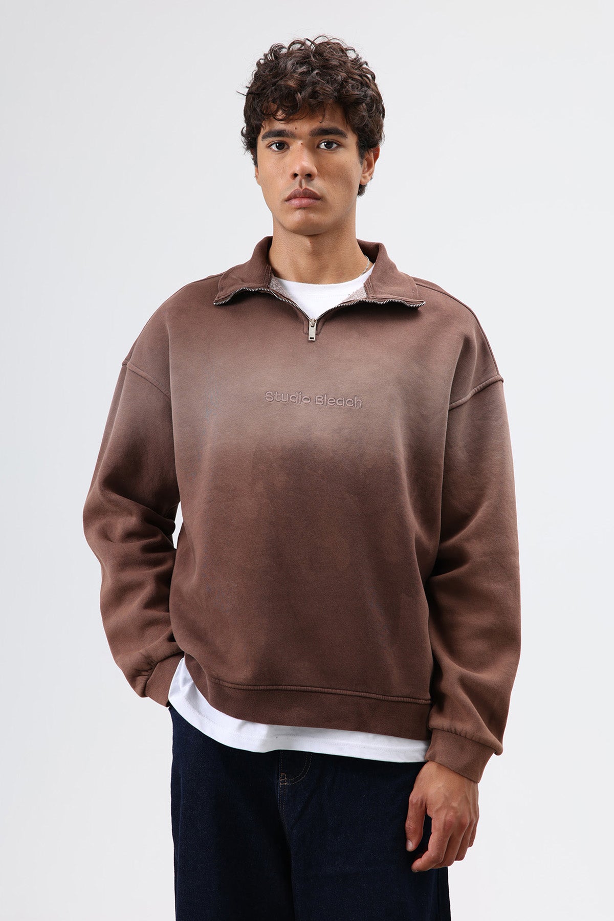 Yaka Fermuarlı Oversize Sweatshirt Kahve