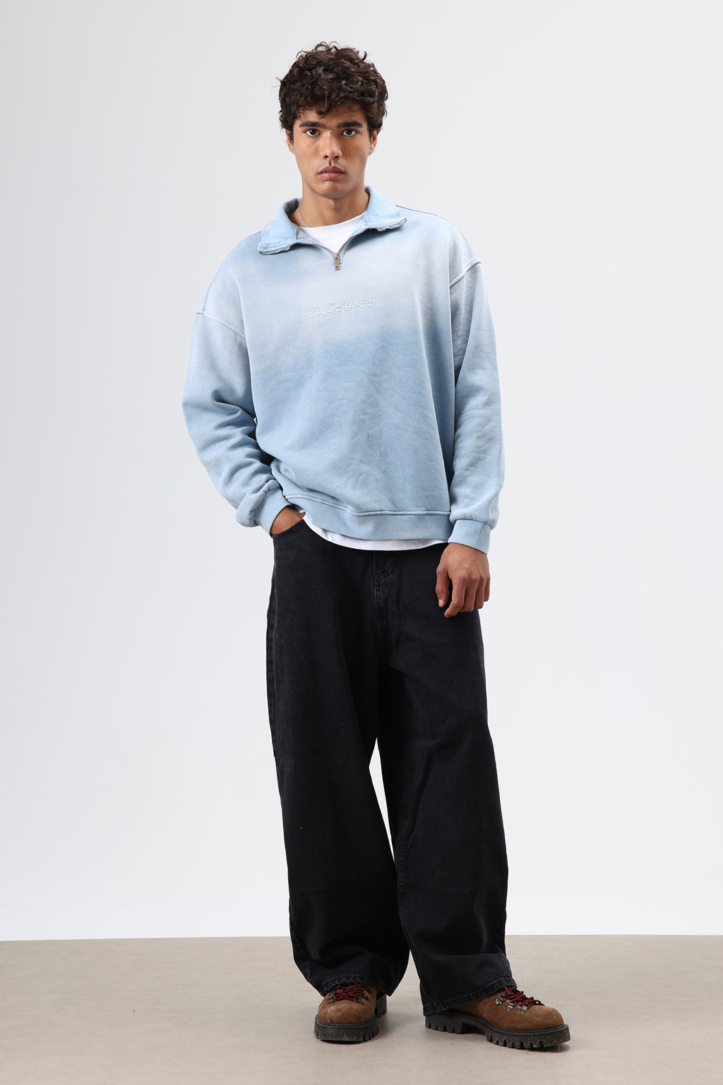 Yaka Fermuarlı Oversize Sweatshirt Bebe Mavi